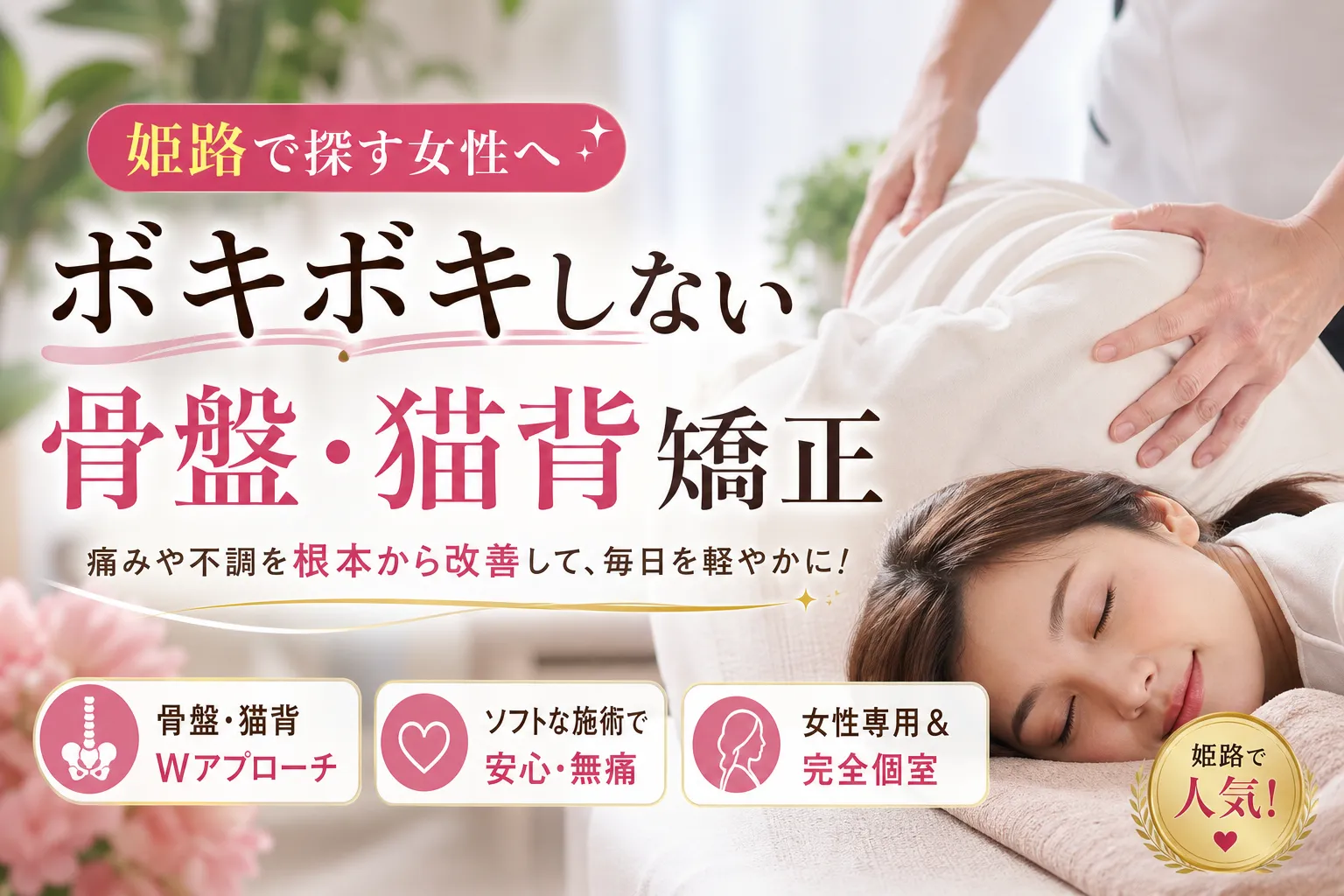 カイロプラクティックを姫路で探す女性へ！ボキボキしない人気の骨盤・猫背矯正