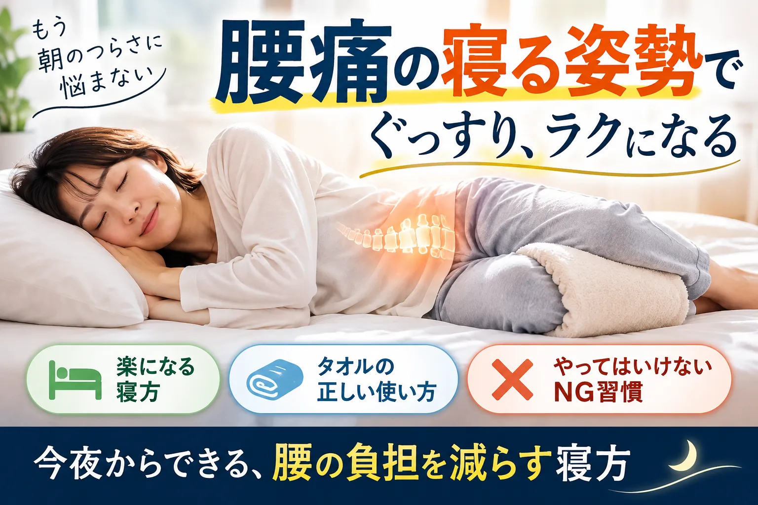 腰痛の寝る姿勢はどれが楽？痛みをスッキリ軽減する寝方とNGタオル対処法